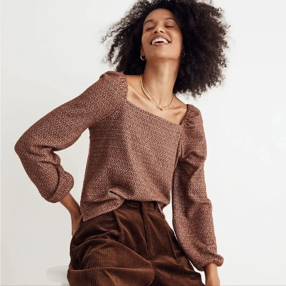 Madewell Jacquard Knit Square Neck Puff-Sleeve Cropped Textured Sweater Blouse M